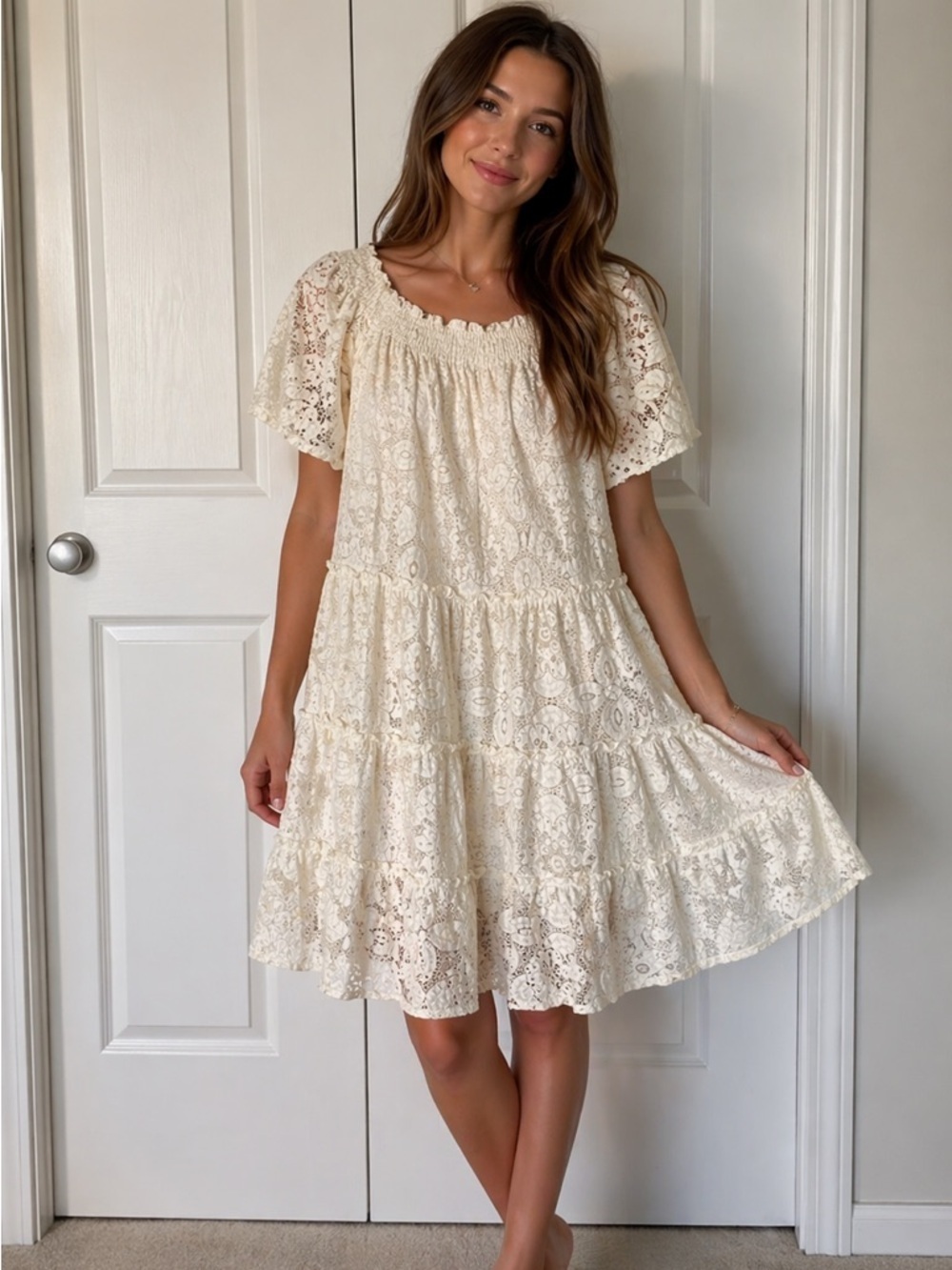 White Ruffled Pleated lace small women’s midi lined dress milkmaid coquette